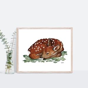 Artisan Baby Sleeping Deer Watercolor Art Print 8x10